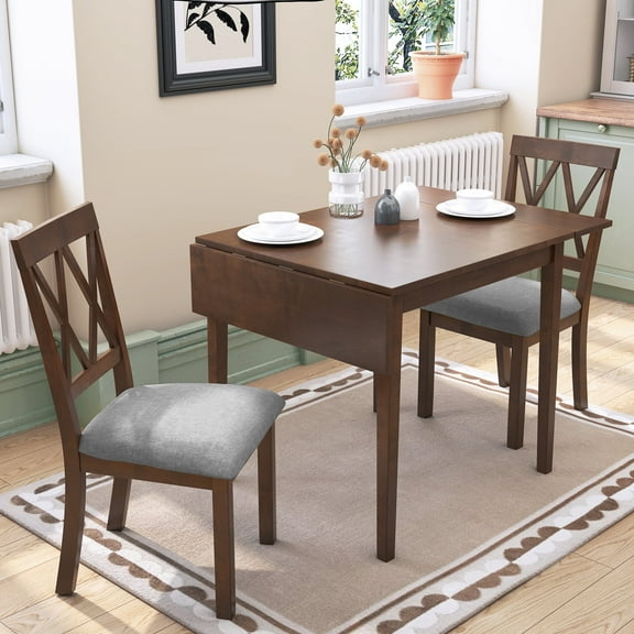 Harper & Bright Designs 3 Piece Expandable Dining Set with 2 Upholstered Chairs, Wood Dining Table with Drop Leaf for Small Place, Brown