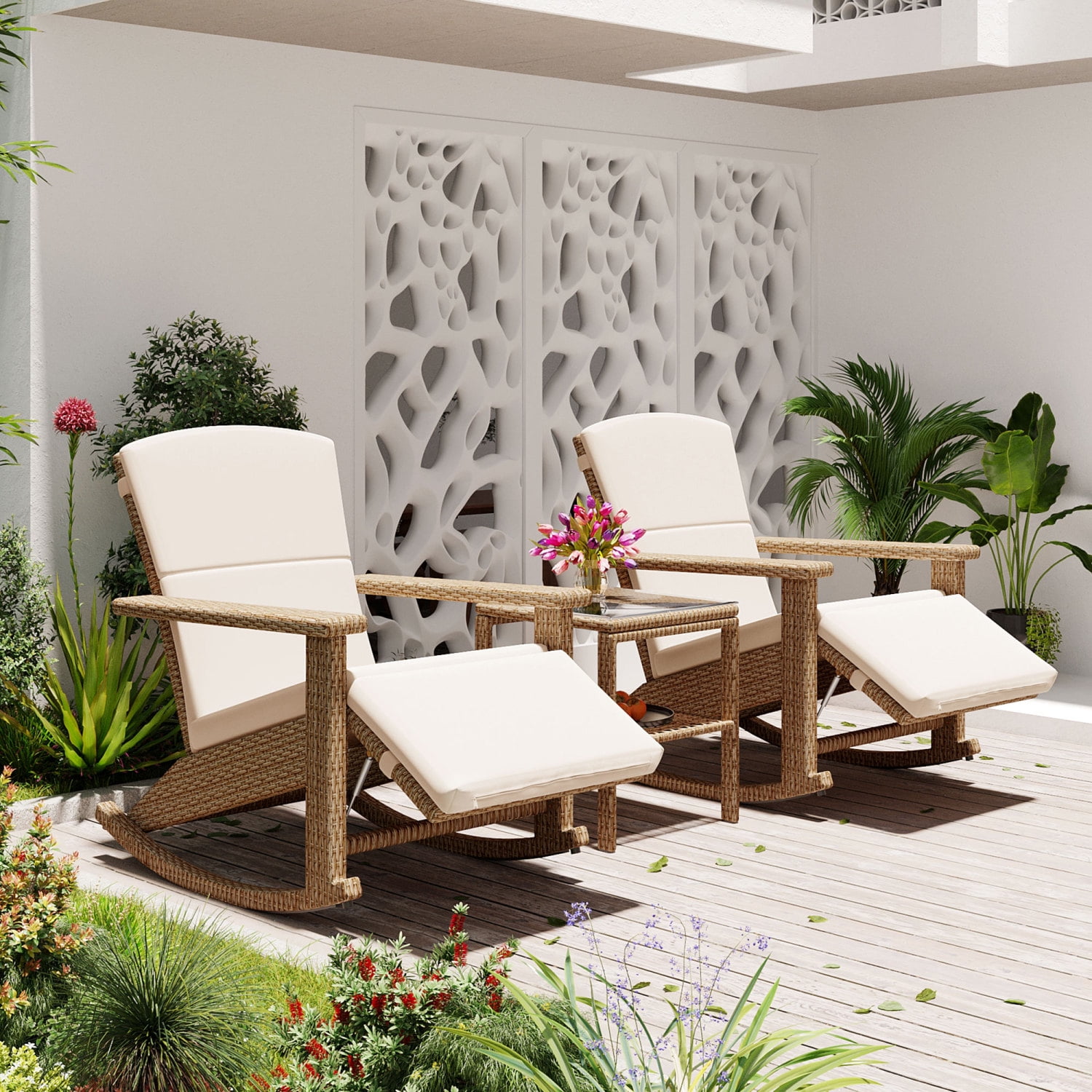 Churanty 3 Piece Outdoor Rocking Chair Set with Glass Coffee, Patio PE ...