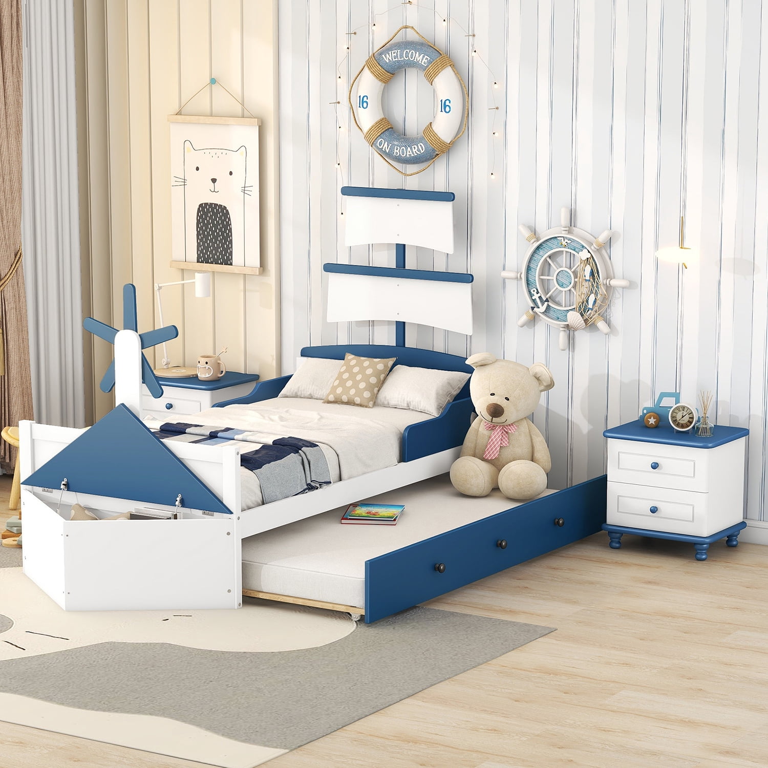 Churanty 3 Pieces Bedroom Sets Kids Twin Size Boat-Shaped Platform Bed ...