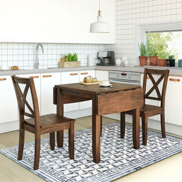 Harper & Bright Designs 3 Pieces Wood Dining Table Set with Drop Leaf for 2, Breakfast Nook Table with Expandable Leaf & 2 Chairs for Small Place, Brown