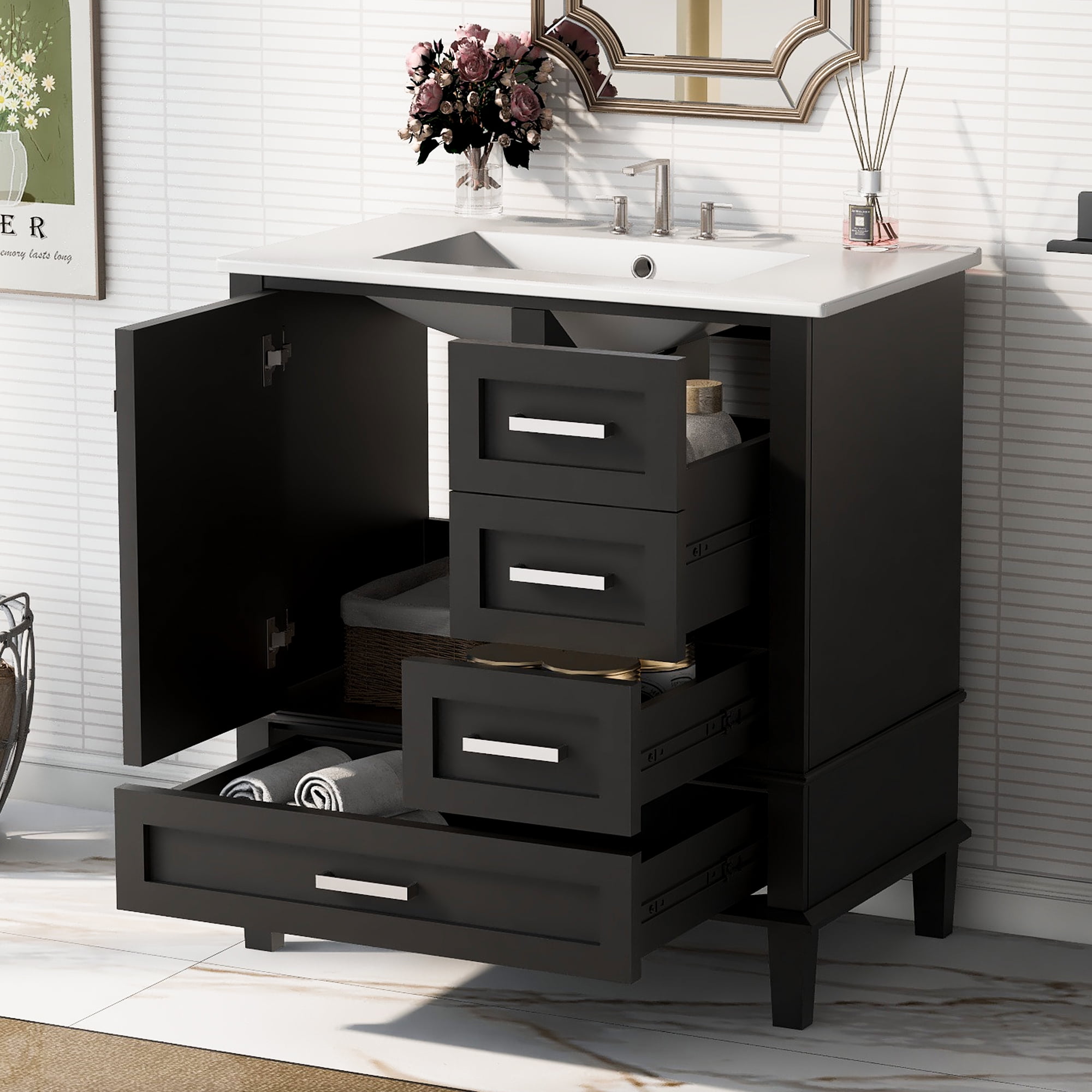 Harper & Bright Designs 30" Bathroom Vanity, Bathroom Cabinet with Sink Combo Set, Bathroom Storage Cabinet with Soft Closing Door and 3 Drawers, Black