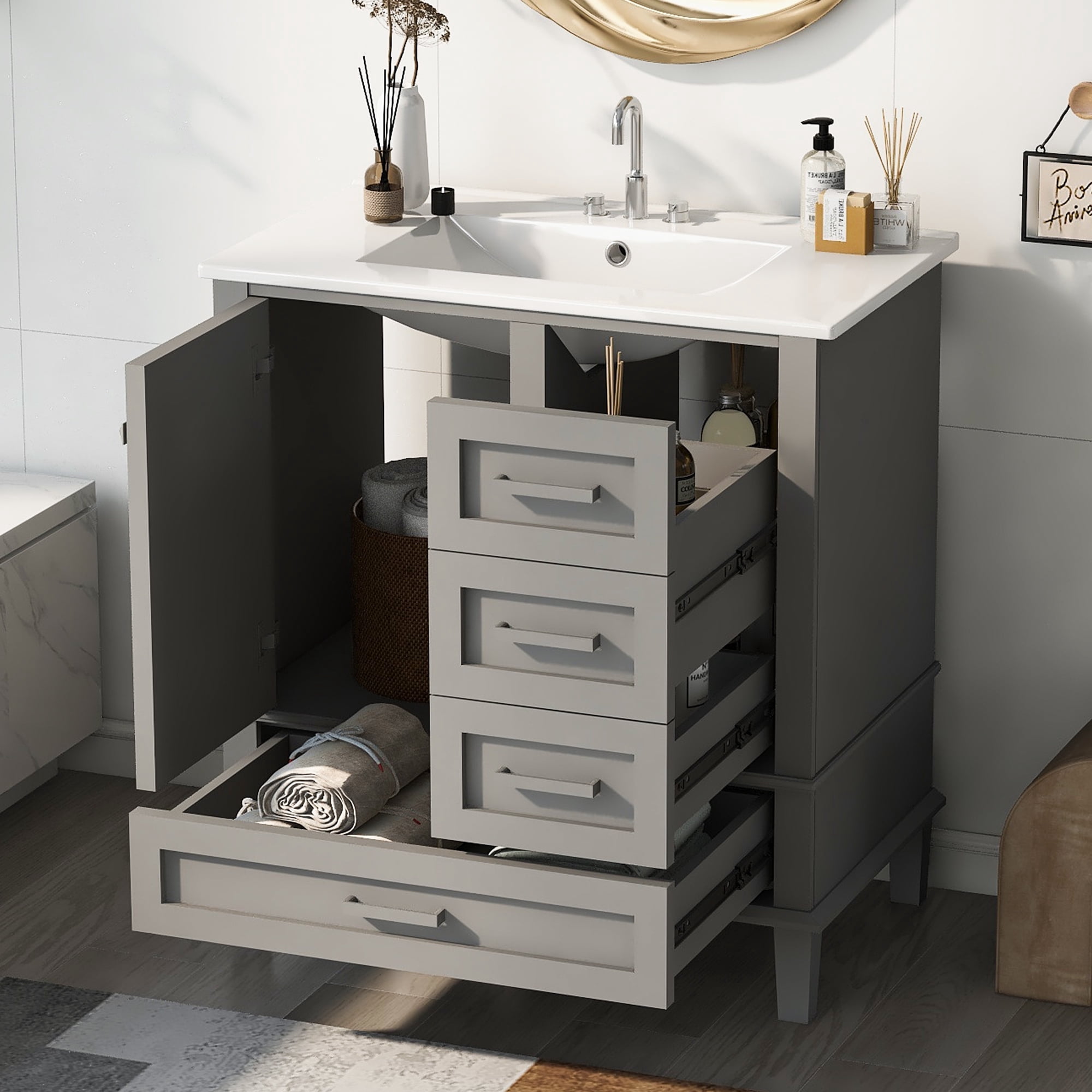 Harper & Bright Designs 30" Bathroom Vanity, Bathroom Cabinet with Sink Combo Set, Bathroom Storage Cabinet with Soft Closing Door and 3 Drawers, Grey