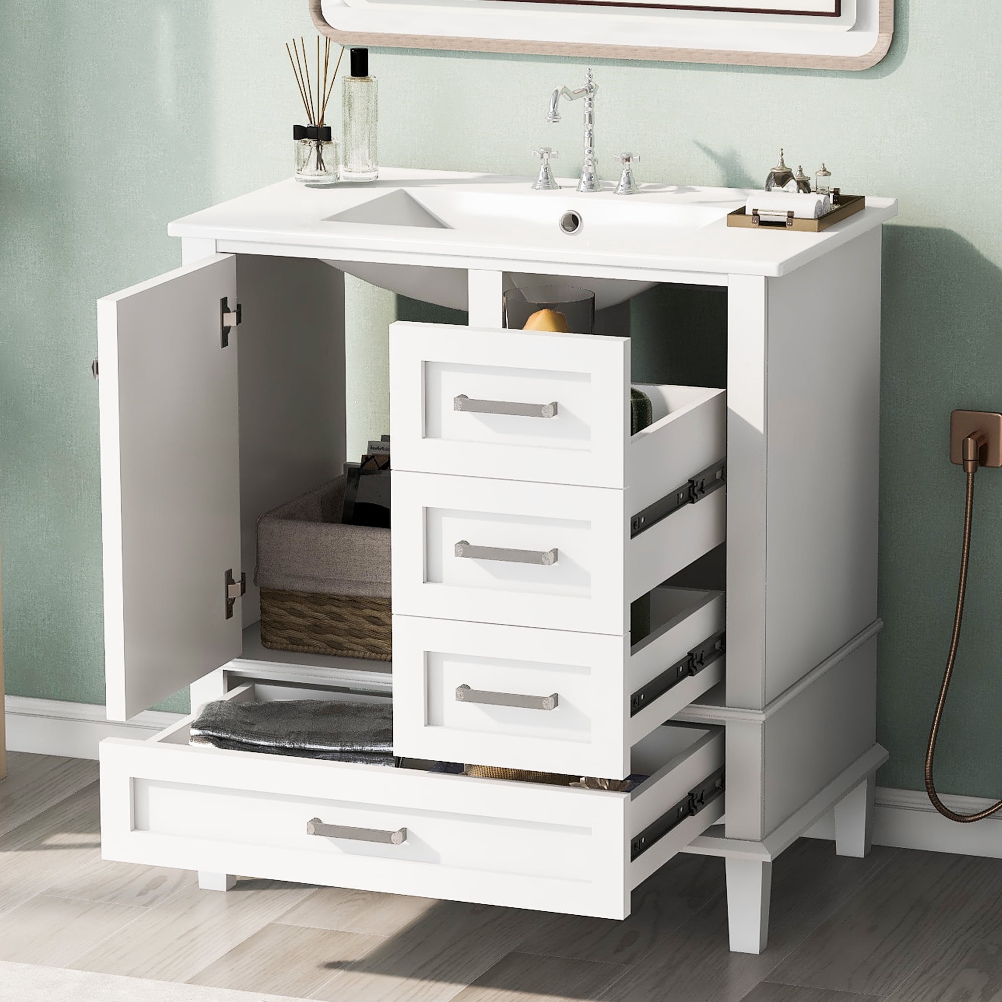 Harper & Bright Designs 30" Bathroom Vanity, Bathroom Cabinet with Sink Combo Set, Bathroom Storage Cabinet with Soft Closing Door and 3 Drawers, White