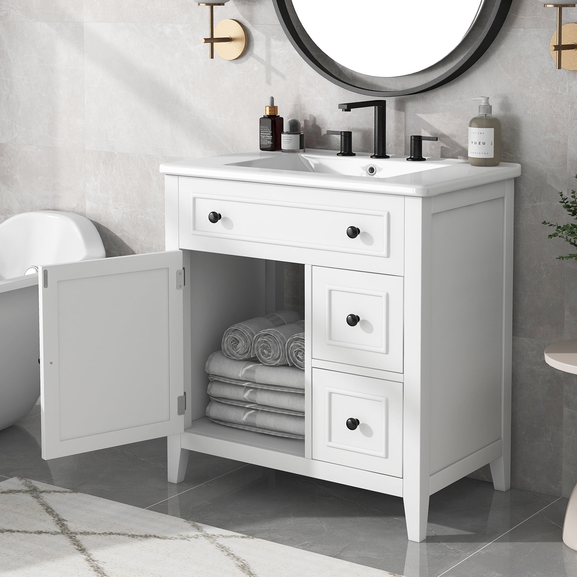 Harper & Bright Designs 30" Bathroom Vanity Sink Combo, Bathroom Vanity Cabinet with Door and Two Drawers, Solid Wood Frame, White