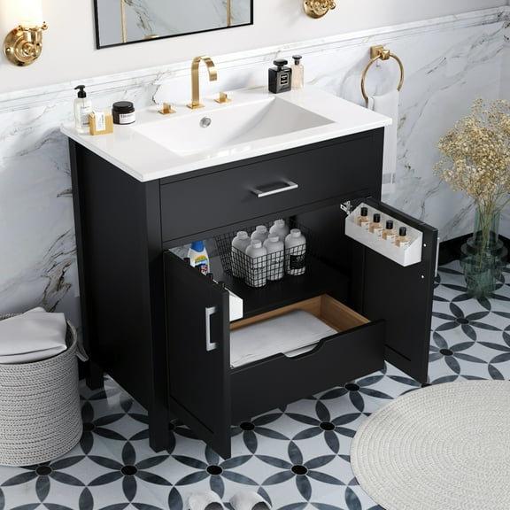 Harper & Bright Designs 30" Bathroom Vanity with Ceramic Sink, Bathroom Vanity Cabinet with Storage Door and Built-in Hidden Drawer, Black