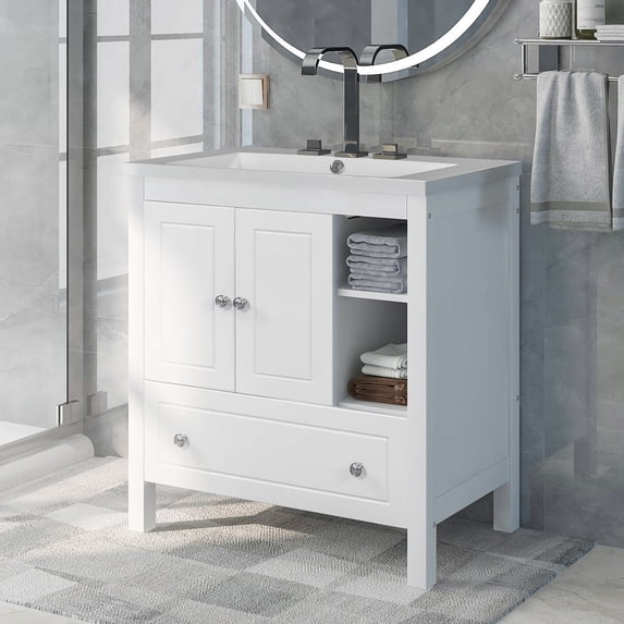 Harper & Bright Designs 30" Bathroom Vanity with Sink, Bathroom Storage Cabinet with Doors and Drawers, Solid Wood Frame, Ceramic Sink, White
