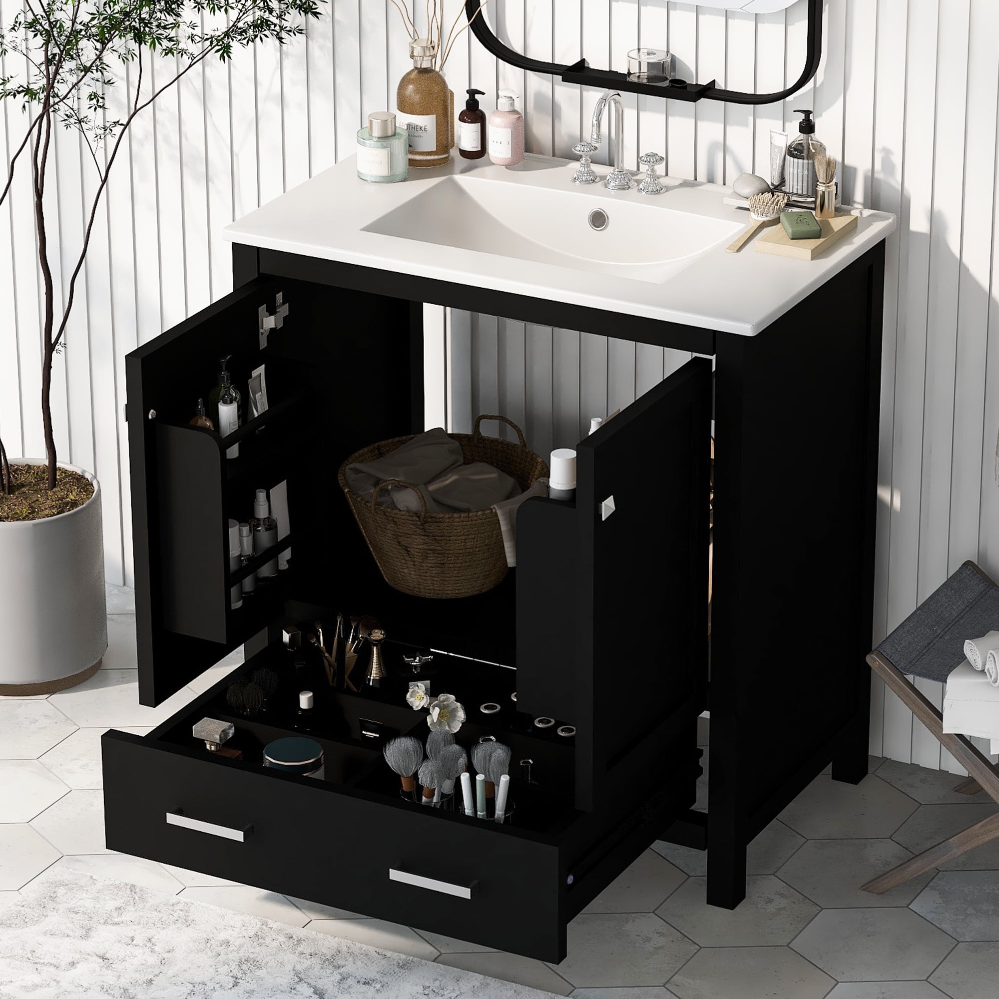 Harper & Bright Designs 30" Bathroom Vanity with Sink Combo, Bathroom Cabinet with Ceramic Top, Multifunctional Storage Doors and Drawer, Black