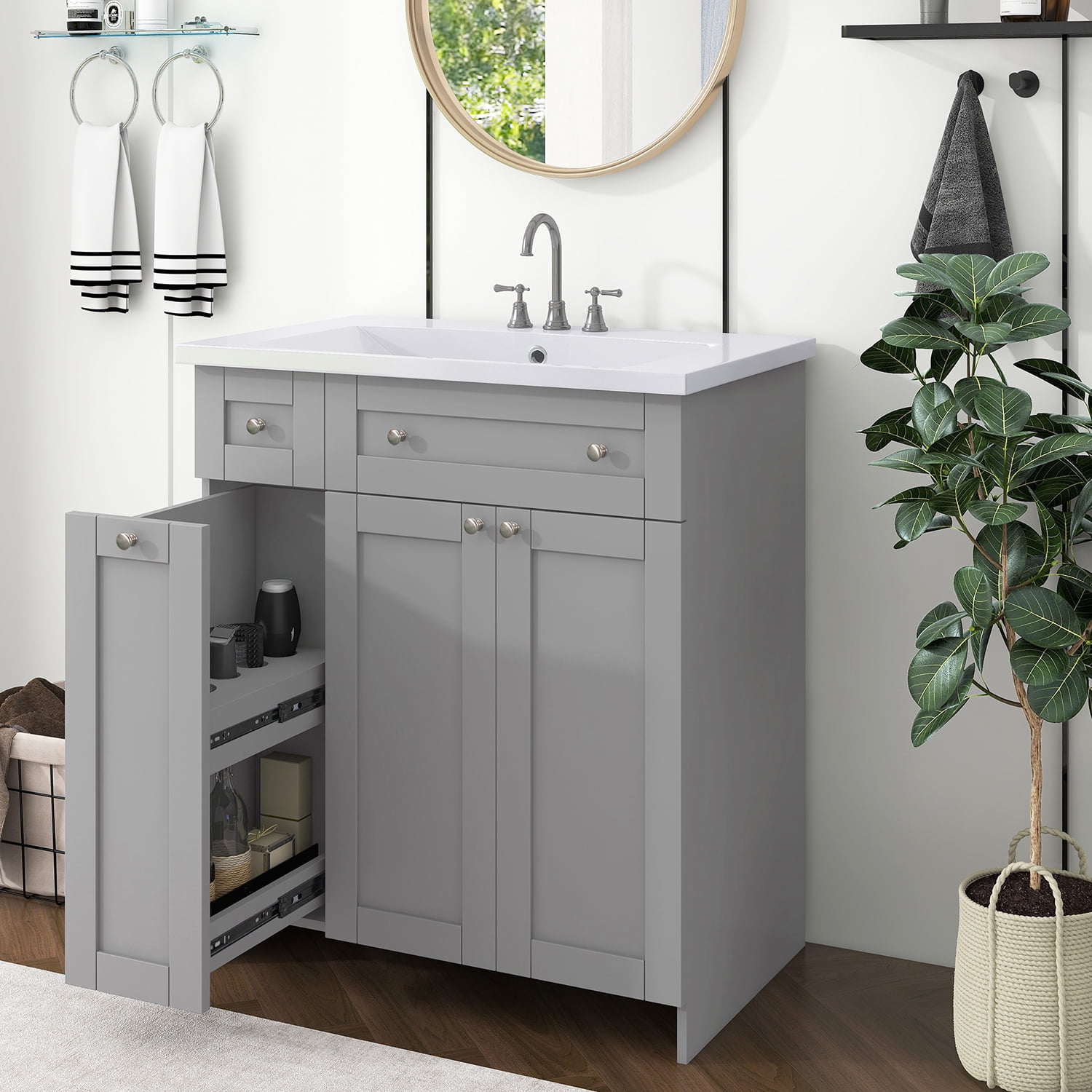 Gray Solid Wood and MDF Freestanding Bathroom Vanity with Resin Sink