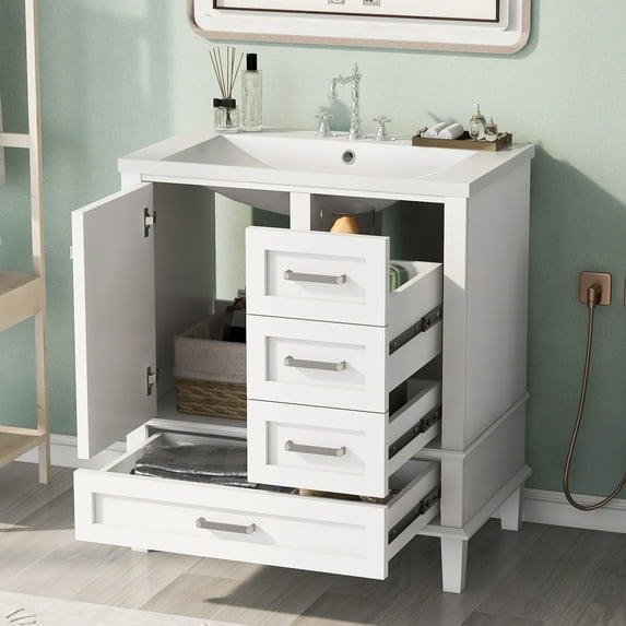 Harper & Bright Designs 30" White Bathroom Vanity Cabinet with Sink Combo Set, Bathroom Storage Cabinet with a Soft Closing Door and 3 Drawers, Solid Wood Frame