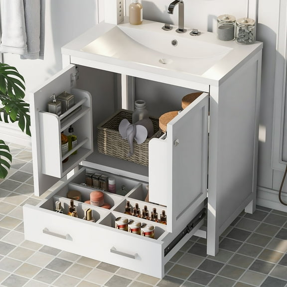 Harper & Bright Designs 30" White Bathroom Vanity with Single Sink, Bathroom Combo Cabinet Undermount Sink with 2 Doors and a Drawer, Soft Closing, Multifunctional Storage, Solid Wood Frame