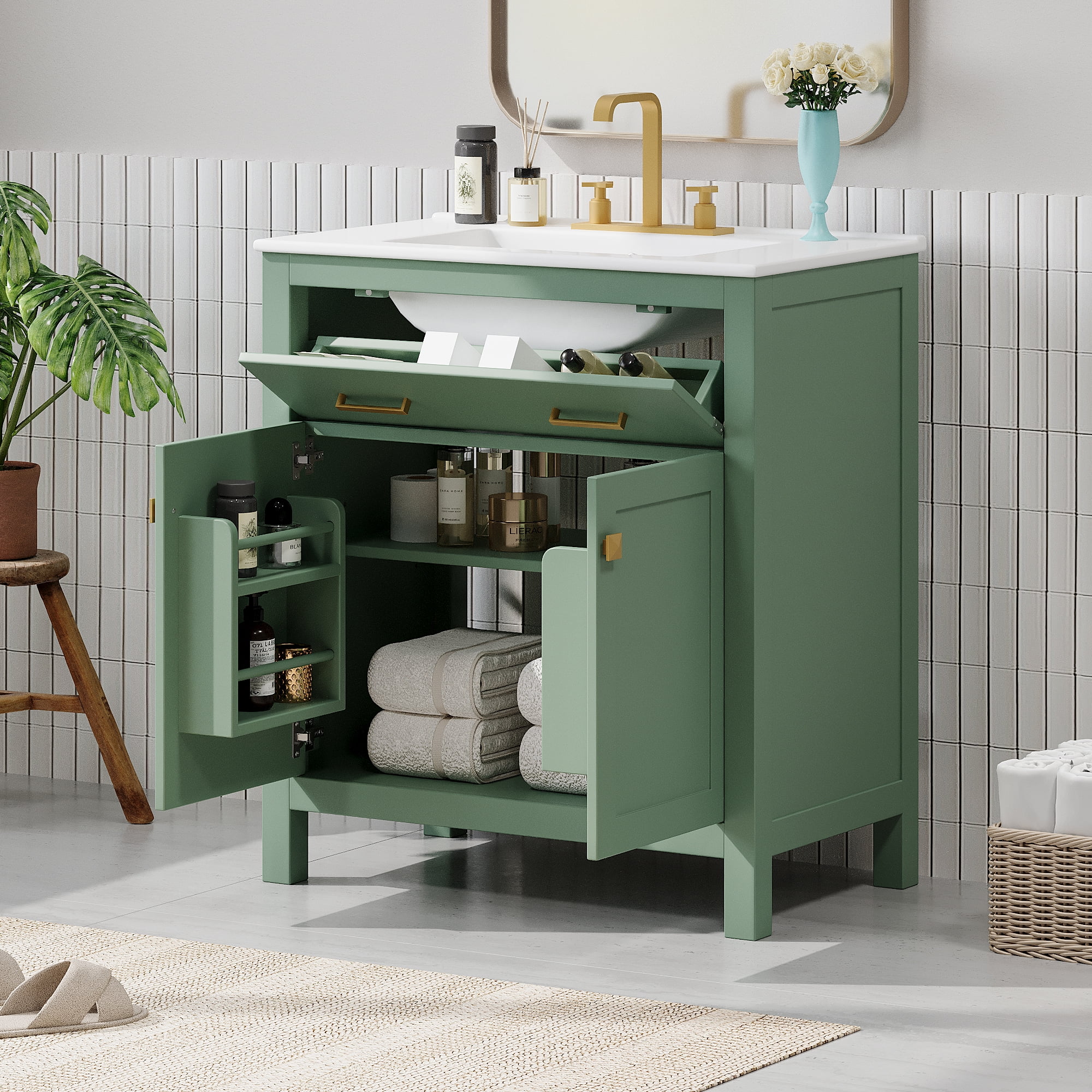 Harper & Bright Designs 30 inch Bathroom Vanity with Ceramic Sink, Modern Green Single Bathroom Cabinet with 2 Doors and a Shelf, Soft Close Doors, Green