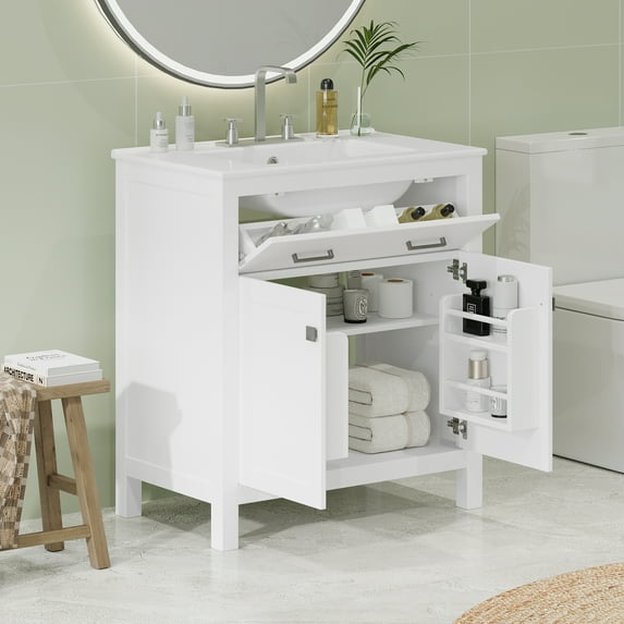 Harper & Bright Designs 30 inch Bathroom Vanity with Ceramic Sink, Modern Green Single Bathroom Cabinet with 2 Doors and a Shelf, Soft Close Doors, White