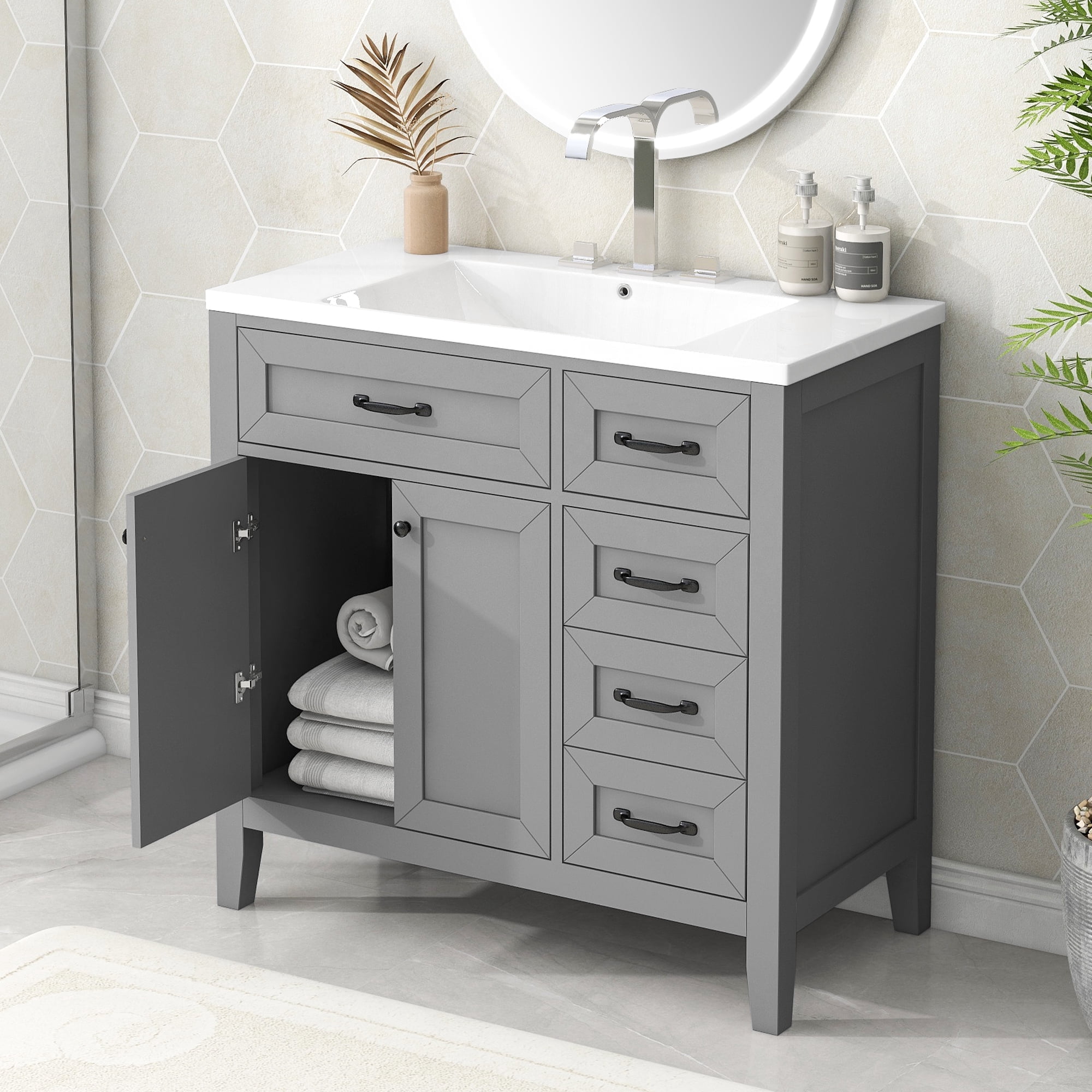 Harper & Bright Designs 36" Bathroom Cabinet Vanity with Sink Combo, White Bathroom Storage Cabinet with 3 Drawers and Two Doors, Solid Wood Frame and MDF Board