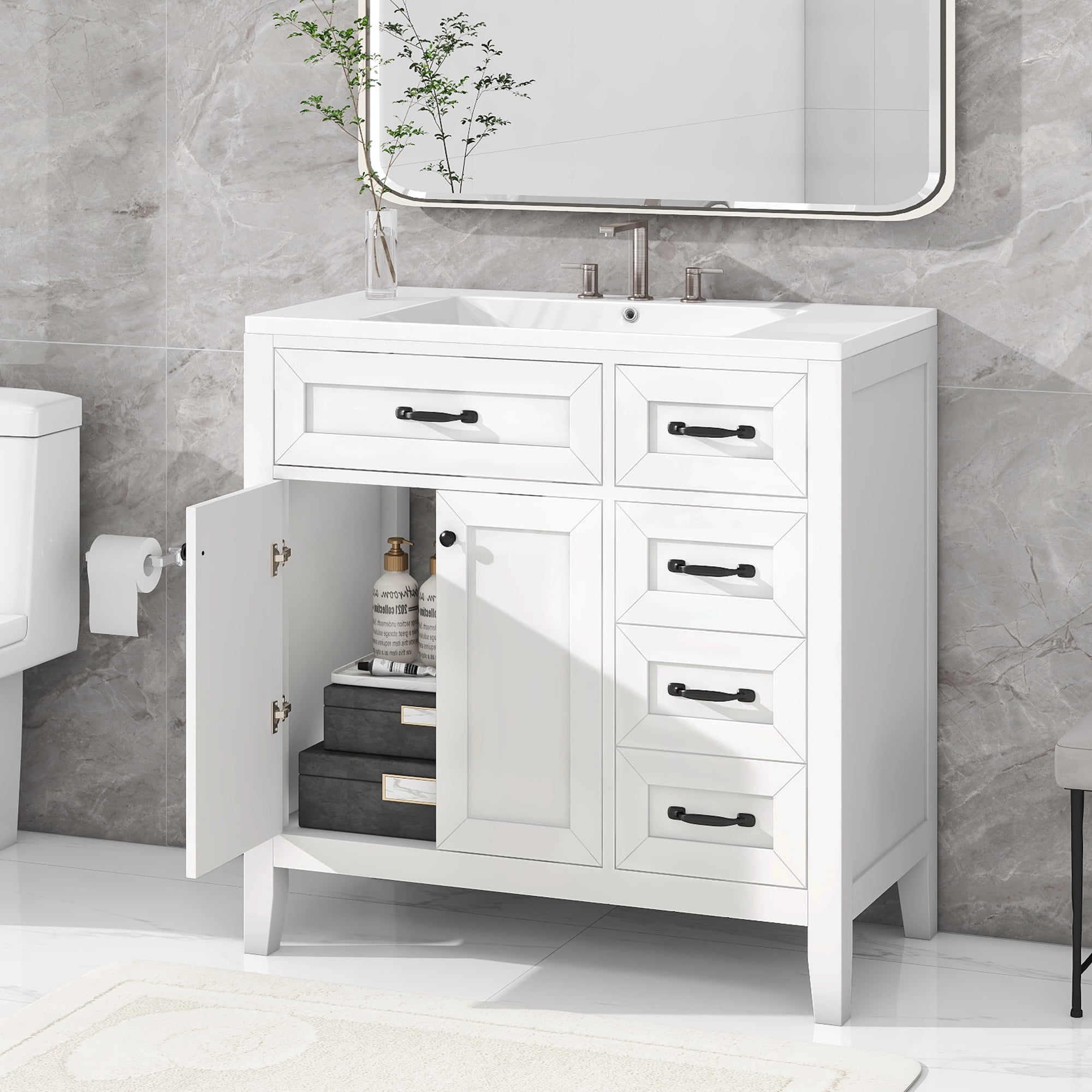 Churanty 36 Bathroom Cabinet Vanity with Sink Combo, White Bathroom  Storage Cabinet with 3 Drawers and Two Doors, Solid Wood Frame and MDF Board