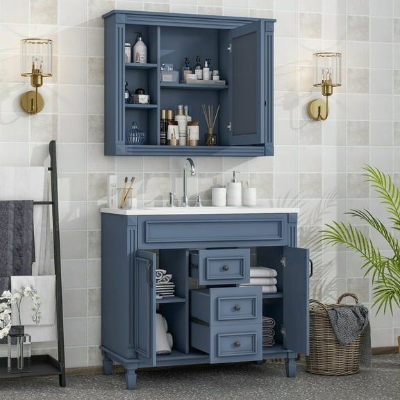 Harper & Bright Designs 36'' Bathroom Vanity Cabinet with Sink Combo Set and Mirror Cabinet, Modern Bathroom Storage Cabinet with 2 Soft Closing Doors and 2 Drawers, Blue