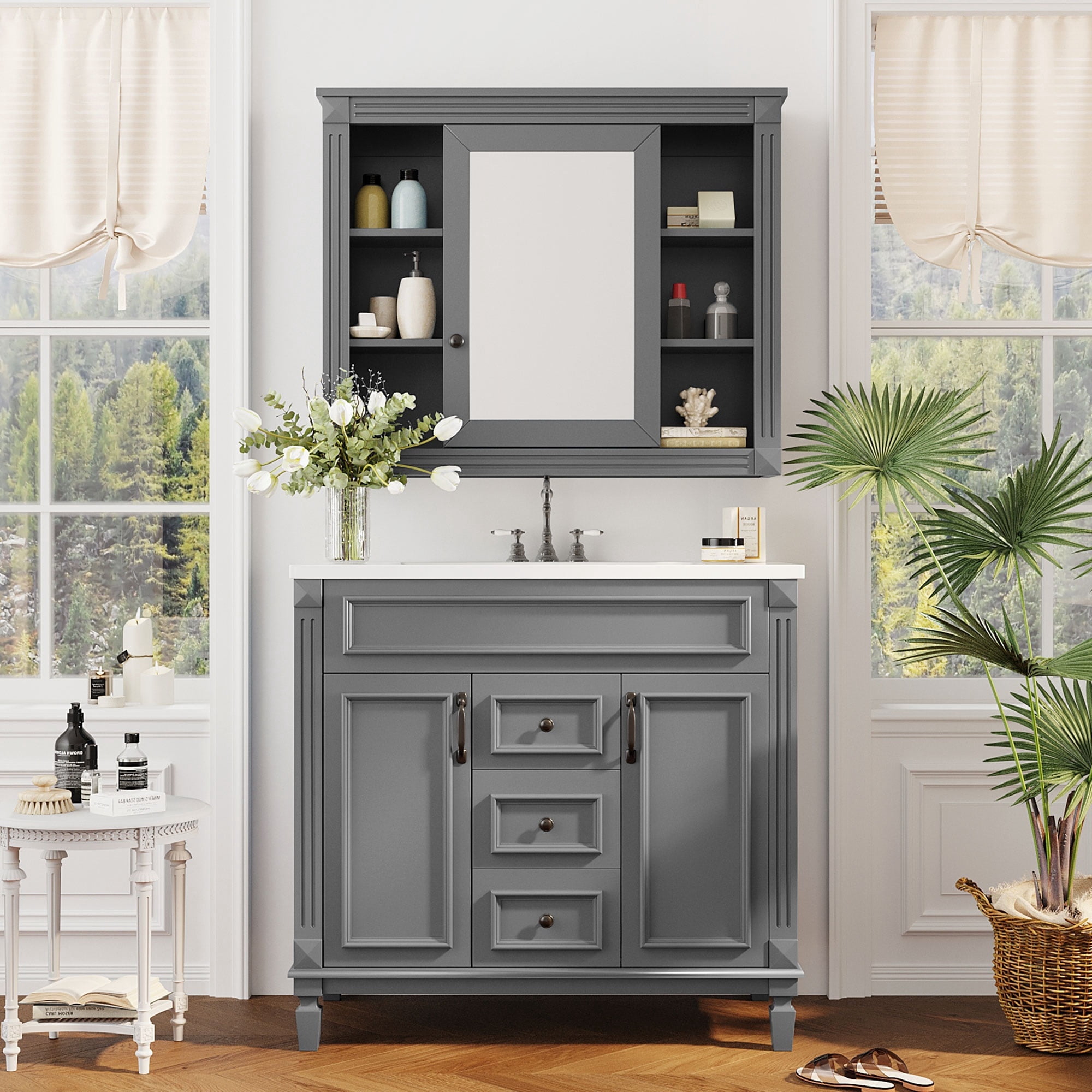 Harper & Bright Designs 36'' Bathroom Vanity Cabinet with Sink Combo Set and Mirror Cabinet, Modern Bathroom Storage Cabinet with 2 Soft Closing Doors and 2 Drawers, Grey