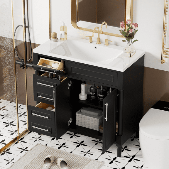 Harper & Bright Designs 36'' Bathroom Vanity with Top Resin Sink, Bathroom Storage Cabinet with 2 Drawers and Tip-out Drawer, Solid Wood Frame Vanity Set with Adjustable Shelf, Black