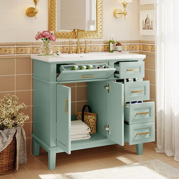 Harper & Bright Designs 36" Bathroom Vanity with Ceramic Sink Combo, Bathroom Cabinet with Ceramic Top and 4 Drawers & Two Soft Close Doors, Green