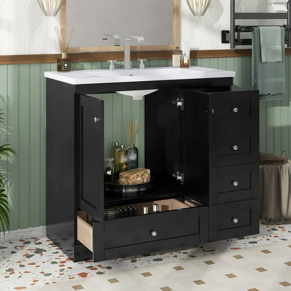 Harper & Bright Designs 36" Bathroom Vanity with Sink, Bathroom Combo Cabinet Undermount Sink with 4 Storage Drawers and 2 Doors, Black