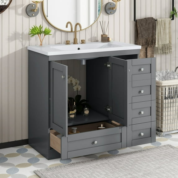 Harper & Bright Designs 36" Bathroom Vanity with Sink, Bathroom Combo Cabinet Undermount Sink with 4 Storage Drawers and 2 Doors, Gray