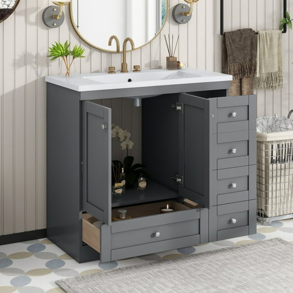 Harper & Bright Designs 36" Bathroom Vanity with Sink, Bathroom Combo Cabinet Undermount Sink with 4 Storage Drawers and 2 Doors, Gray