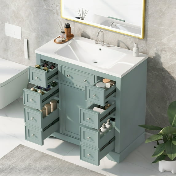 Harper & Bright Designs 36" Bathroom Vanity with Sink Combo, Bathroom Cabinet with Ceramic Top and 6 Storage Drawers, Green