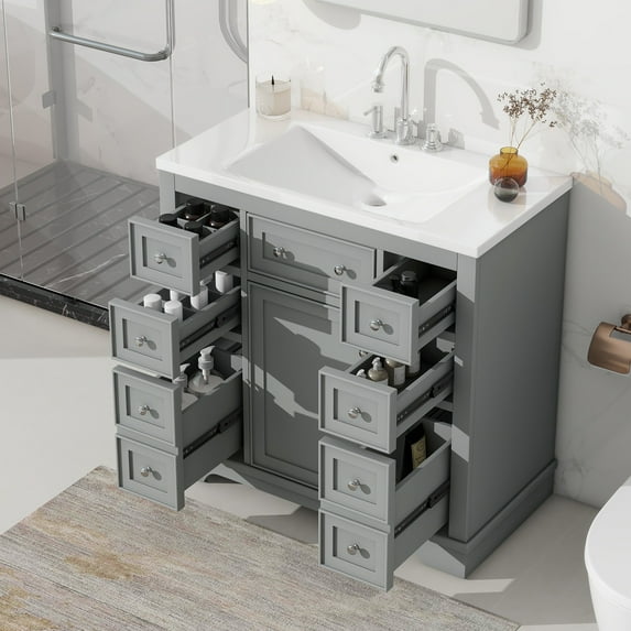 Harper & Bright Designs 36" Bathroom Vanity with Sink Combo, Bathroom Cabinet with Ceramic Top and 6 Storage Drawers, Grey
