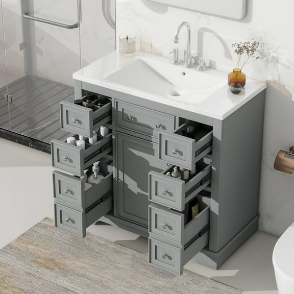 Harper & Bright Designs 36" Bathroom Vanity with Sink Combo, Bathroom Cabinet with Ceramic Top and 6 Storage Drawers, Grey