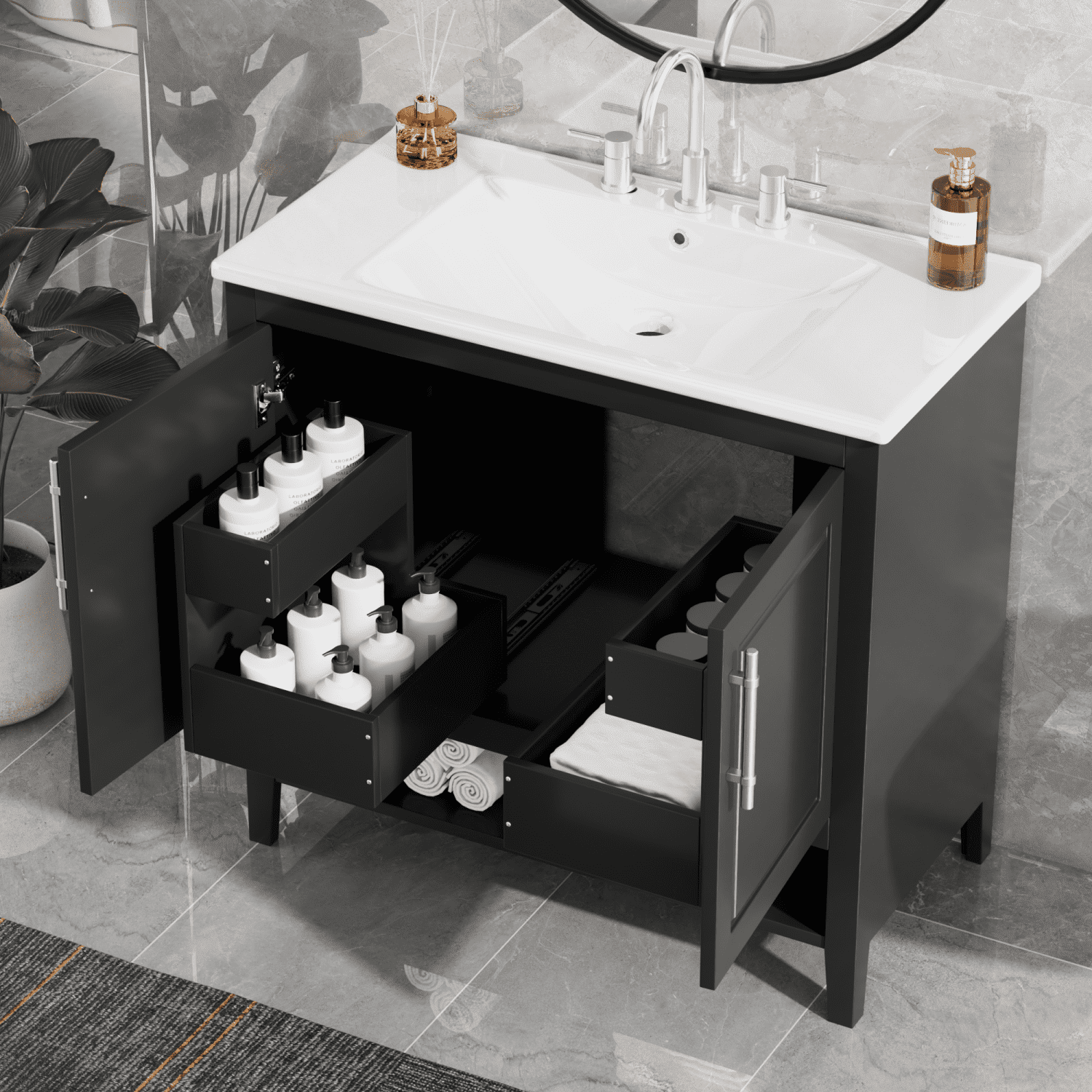 Harper & Bright Designs 36" Bathroom Vanity with Sink, Multi-functional Bathroom Cabinet with Doors and Drawers, MDF Frame and MDF Board, Black