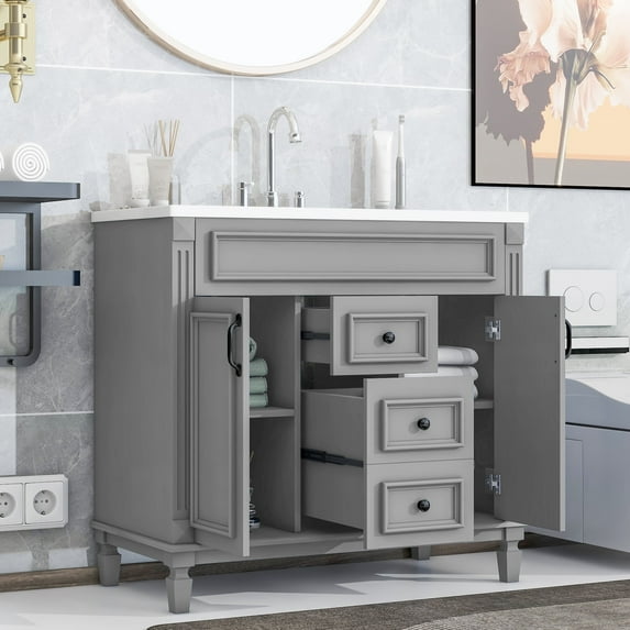 Harper & Bright Designs 36'' Bathroom Vanity with Top Sink, Modern Bathroom Storage Cabinet with 2 Soft Closing Doors and 2 Drawers, Grey