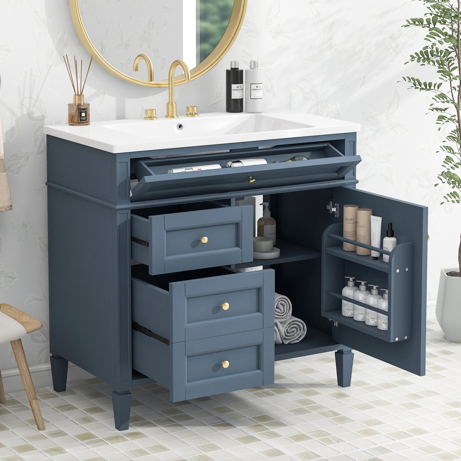 Harper & Bright Designs 36'' Bathroom Vanity with Top Sink Set, Modern Bathroom Storage Cabinet with 2 Drawers and Tip-out Drawer, Blue