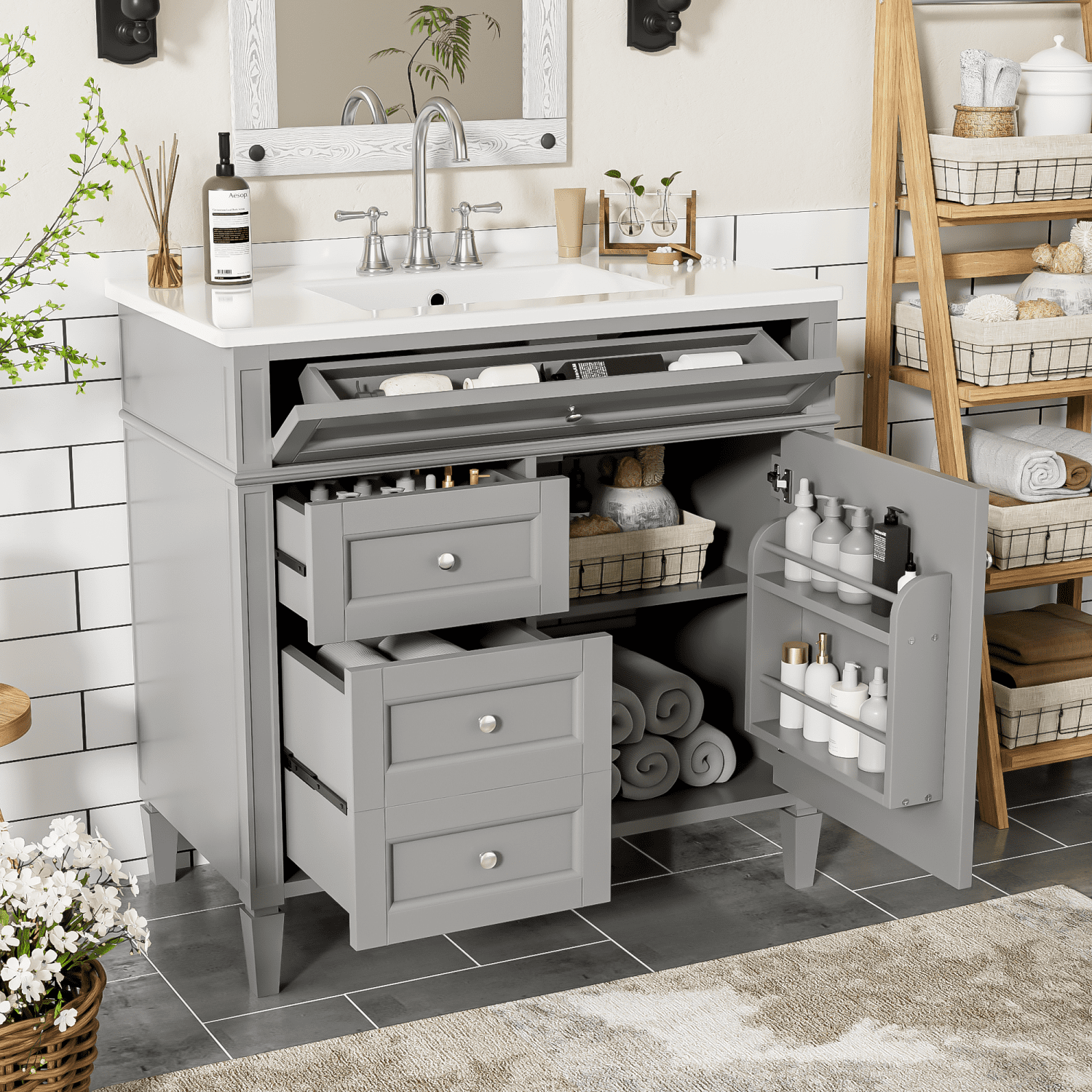 Harper & Bright Designs 36'' Bathroom Vanity with Top Sink Set, Modern Bathroom Storage Cabinet with 2 Drawers and Tip-out Drawer, Grey