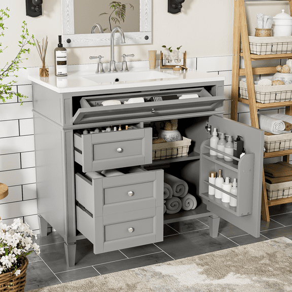 Harper & Bright Designs 36'' Bathroom Vanity with Top Sink Set, Modern Bathroom Storage Cabinet with 2 Drawers and Tip-out Drawer, Grey