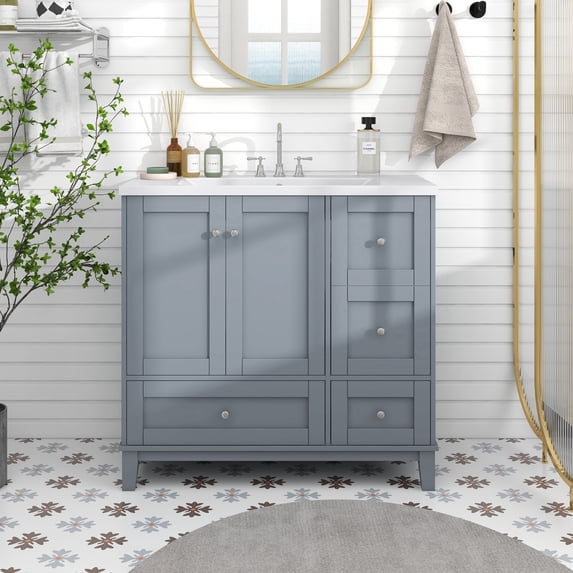 Harper & Bright Designs 36" Modern Bathroom Vanity with Sink and USB Charging, Bathroom Storage Vanity Cabinet with Two Doors and Three Drawers, White & Gray Blue