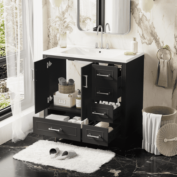 Harper & Bright Designs 36-inch Traditional Bathroom Vanity with Ceramic Sink Combo Set, Black Bathroom Cabinet with Two Doors and Four Drawers, Black