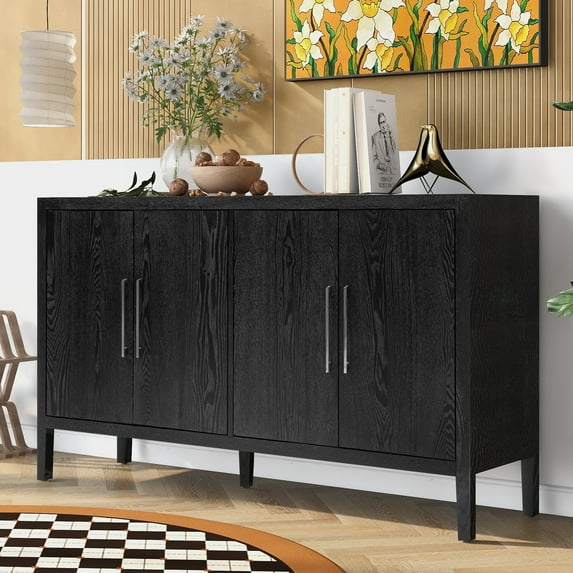Harper & Bright Designs 4 Door Buffet Cabinet Sideboard with Adjustable Shelves, Wood Retro Accent Cabinet with Large Storage Space for Entryway and Living Room, Black