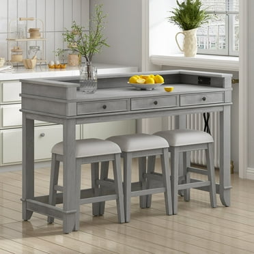 Harper & Bright Designs 4 Piece Bar Table Set for 4, Kitchen Dining Stools Set with 3 Upholstered Stools with 3 Drawers and USB Port, Gray