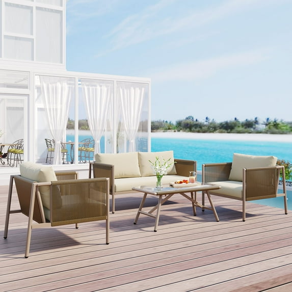 Churanty 4 Piece Patio Furniture Outdoor Rope Sofa Set, All Weather Double Rope Conversation Set with Loveseat and 2 Chairs & Coffee Table for Backyard Porch Garden, Beige