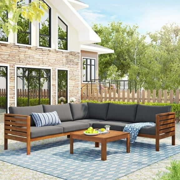 Harper & Bright Designs 4 Pieces Outdoor Wooden Conversation Sets, Patio Wood Sectional Sofa Coach with Cushions and Coffee Table, Gray