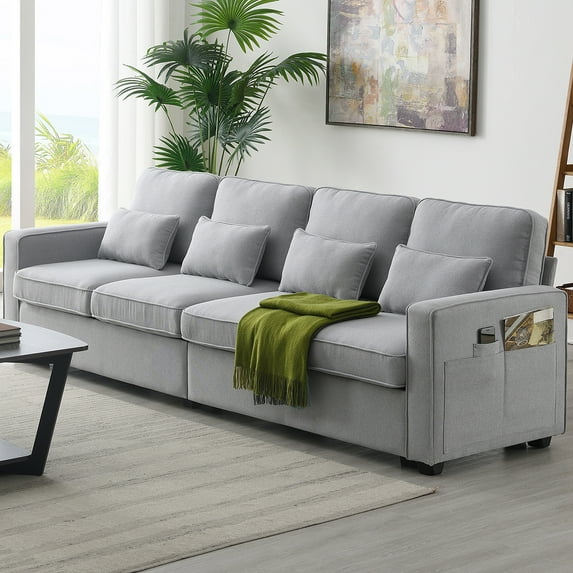 Harper & Bright Designs 4 Seater Modern Linen Sofa Upholstered Couch with Armrest Pockets and 4 Pillows for Living Room, 104" Light grey