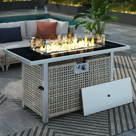 Harper & Bright Designs 43" Propane Gas Fire Pit Table, 60000 BTU Rectangular Open Weave Wicker Fire Pit with Glass Wind Guard for Outside Patio Deck Garden Backyard, Grey