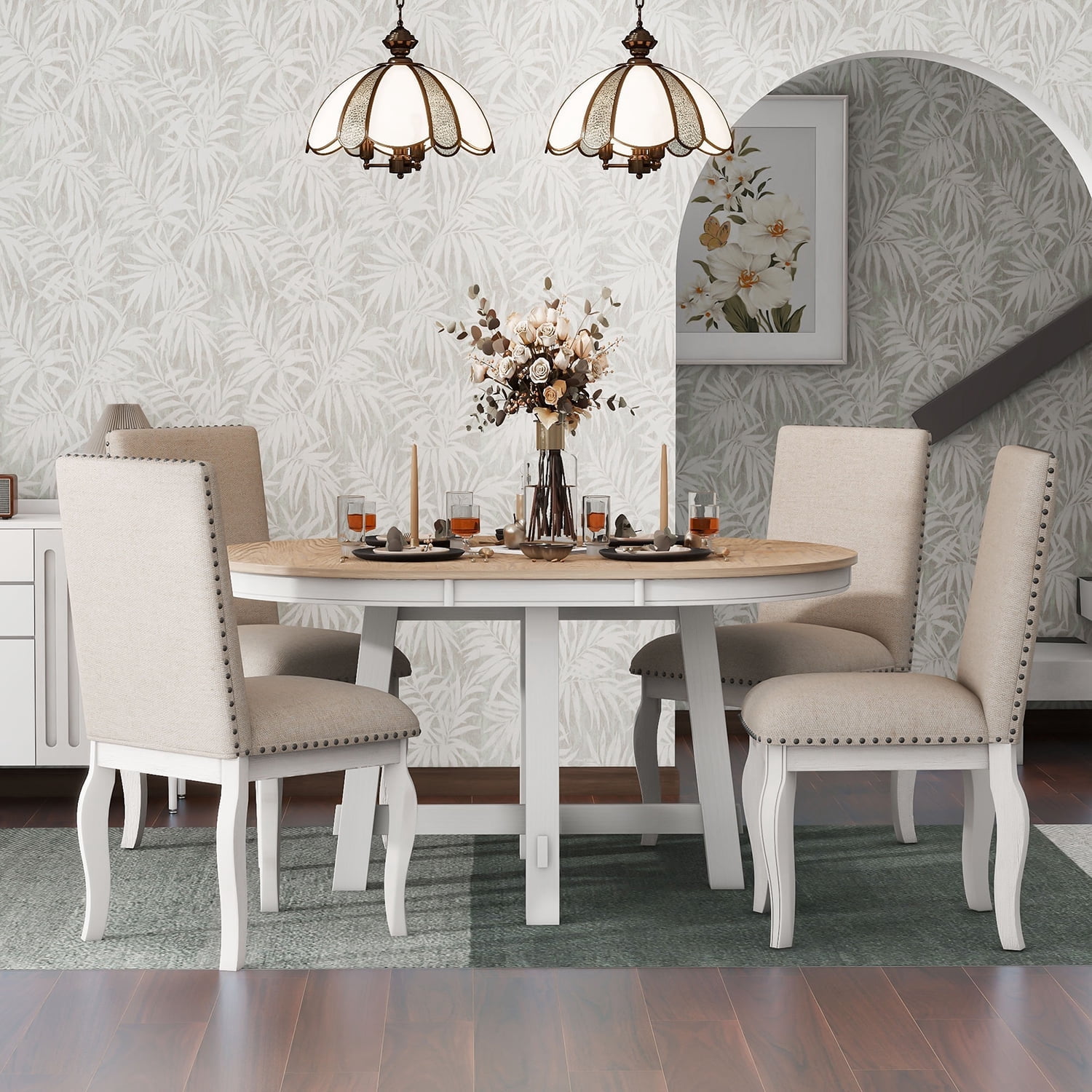 Harper & Bright Designs 5 Piece Farmhouse Dining Table Set Wood Round Extendable Dining Table and 4 Upholstered Dining Chairs, Oak Natural Wood + Antique White
