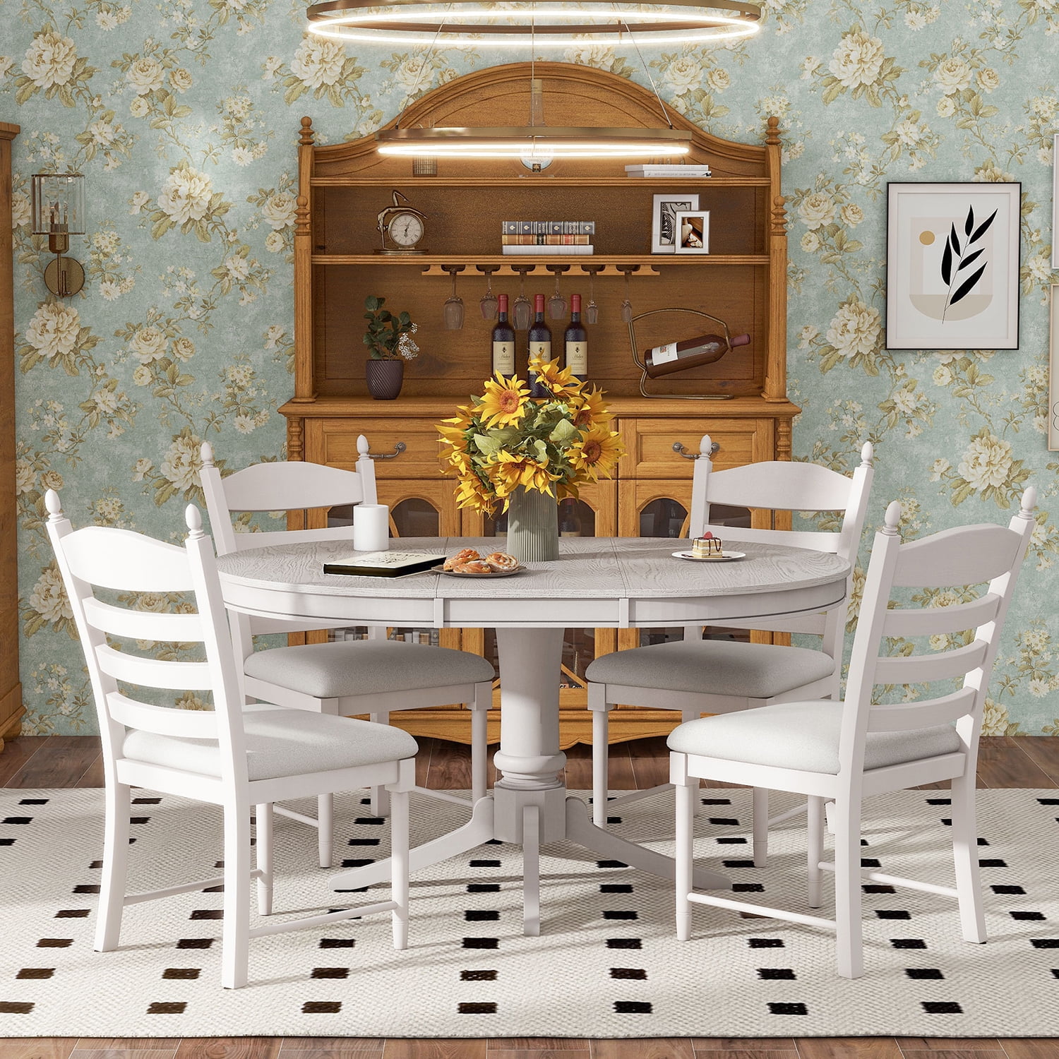 Churanty 5-Piece Dining Set for 4, Solid Wood Extendable Round Table ...