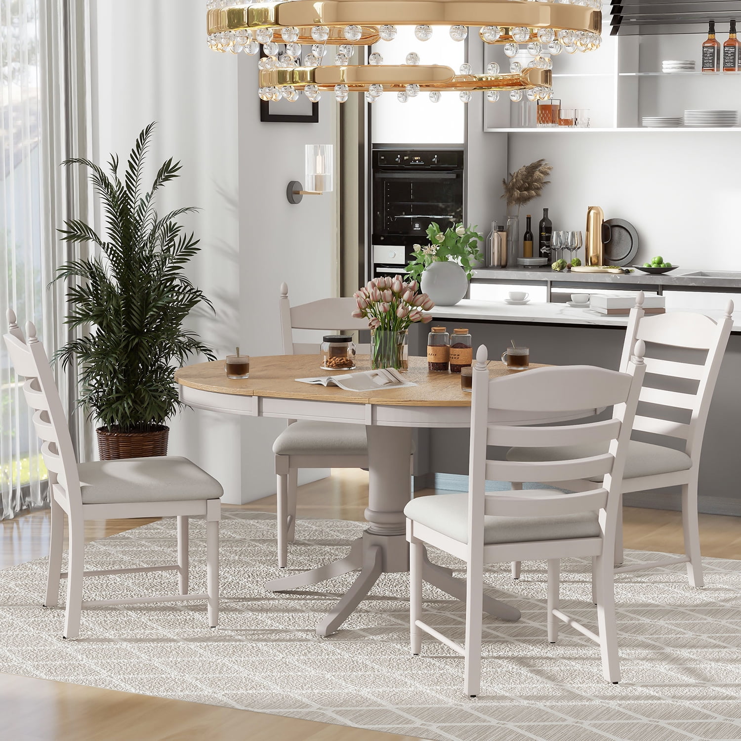Churanty 5 Piece Solid Wood Extendable Round Dining Table Set for 4, Retro Design, Off White