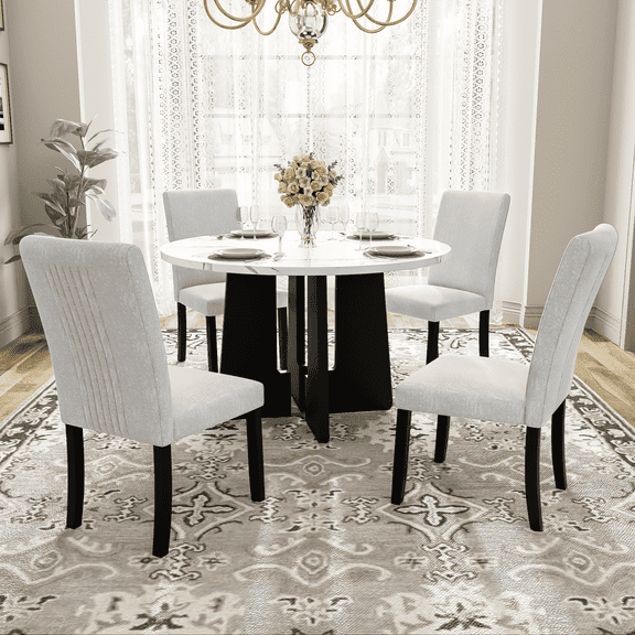 Harper & Bright Designs 5 Piece Round Dining Table Set for 4, Modern Marble Dining Table and 4 High Back Upholstered Chairs for Dining Room Kitchen, Beige + White