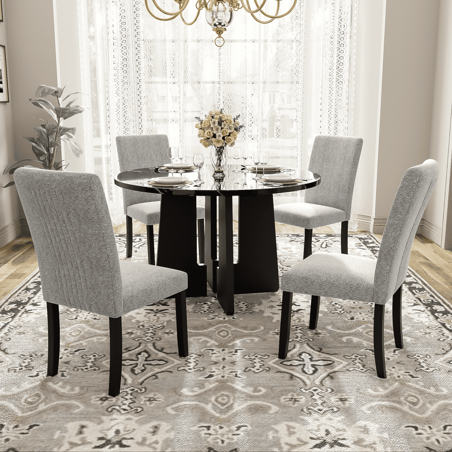 Modern 5-Piece Dining Set - 42-Inch Stainless Steel Round Table and 4 Unique Grey Chairs