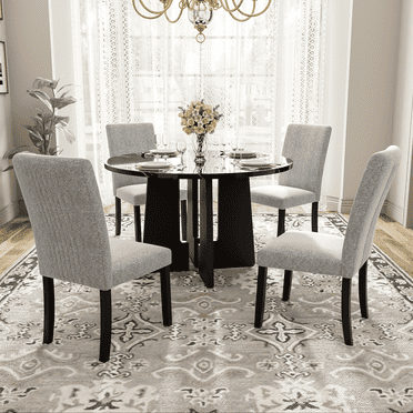 Harper & Bright Designs 5 Piece Round Dining Table Set for 4, Modern Marble Dining Table and 4 High Back Upholstered Chairs for Dining Room Kitchen, Grey + Black