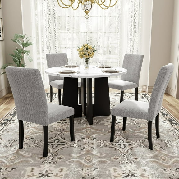 Harper & Bright Designs 5 Piece Round Dining Table Set for 4, Modern Marble Dining Table and 4 High Back Upholstered Chairs for Dining Room Kitchen, White + Gray