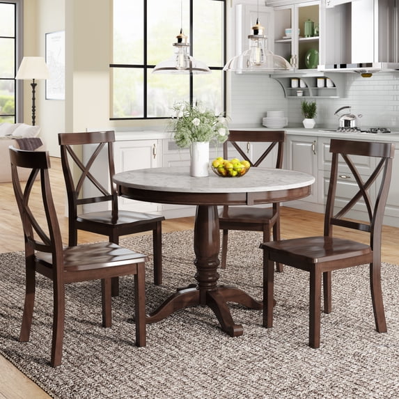 Harper & Bright Designs 5 Pieces Dining Table Set Round Kitchen Table Sets Dinette Set, 1 Marble Veneer Round Top Kitchen Table and 4 Cross Chairs for Small Space, Brown