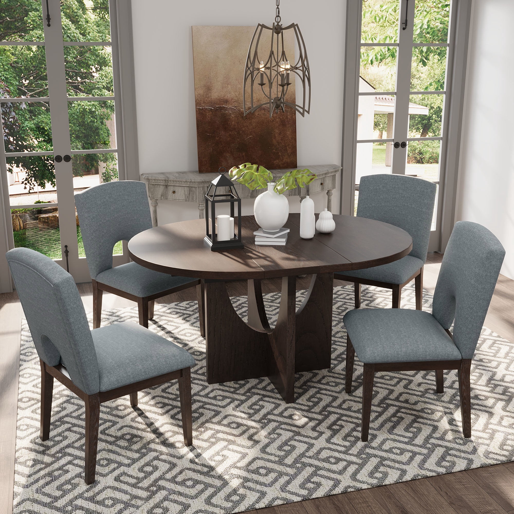 Harper & Bright Designs 5 Pieces Extendable Round Dining Table Set for 4, Modern Kitchen Dining Table with Removable Leaf and 4 Upholstered Chairs for Dining Room, Espresso+Gray